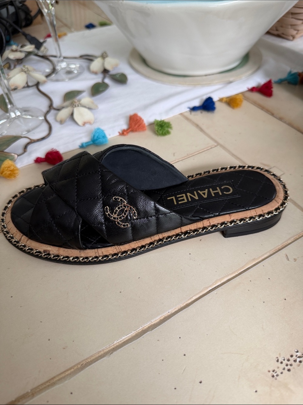 Chanel Black Quilted Lambskin Chain Mules Slides Sandals